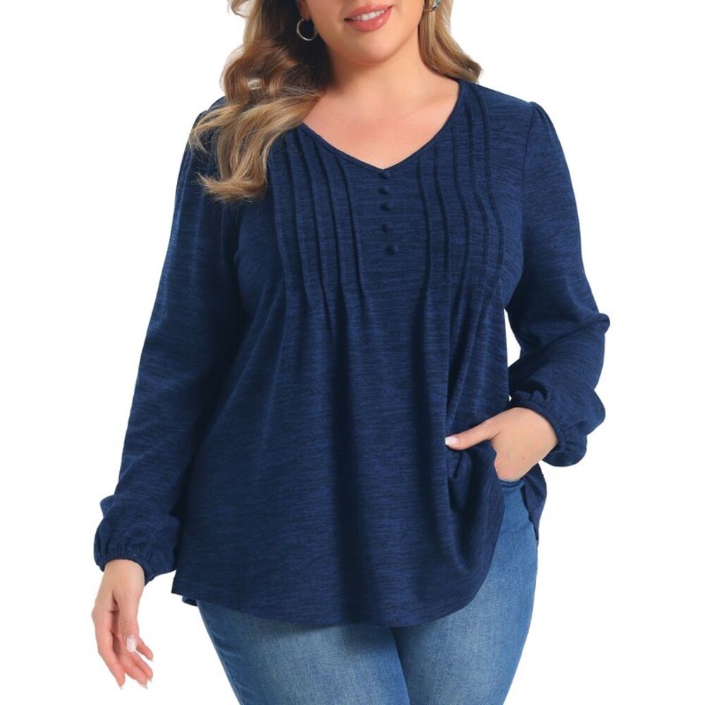 Women Plus Size V Neck Pleated Button Decor Tops Navy Blue